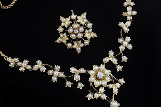 A late Victorian high carat gold, seed pearl and diamond set necklace with detachable pendant brooch, 38cm.